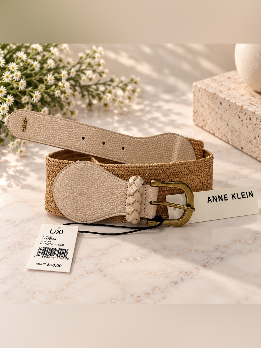 Anne Klein Women’s L/XL Tan Beige Wide Woven Braided Waist Belt Gold Buckle